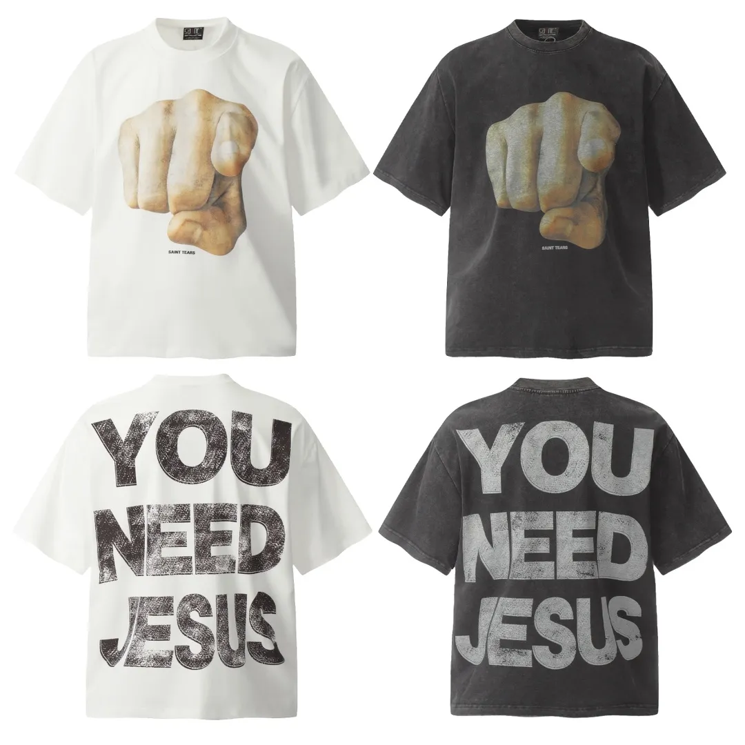 VT9232 Black P140💰 White P130💰 Saint Michael finger print vintage retro washed vintage short sleeves small neckline design white ink digital direct printing high street retro heavyweight washed vintage short sleeves Size: S M L XL